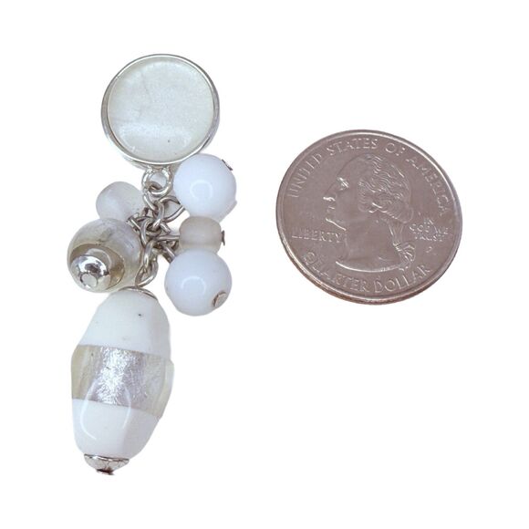 White Art Glass Beaded Cluster Dangle Drop Earrings 2" Silver Tone Trendy - Picture 7 of 10